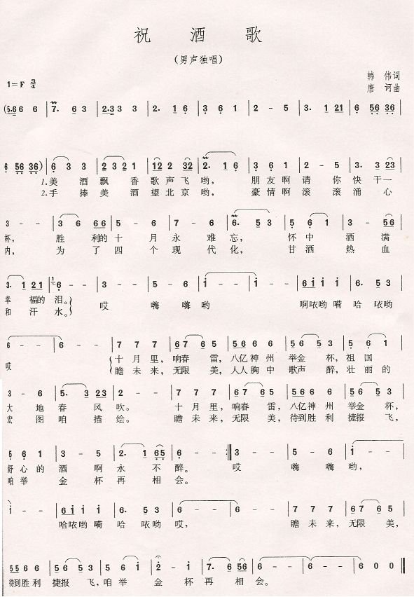 求金凤浩作曲的《祝酒歌》（非施光南的版本）的简谱或线谱。