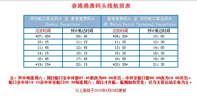 蛇口至中港码头--船的时刻表