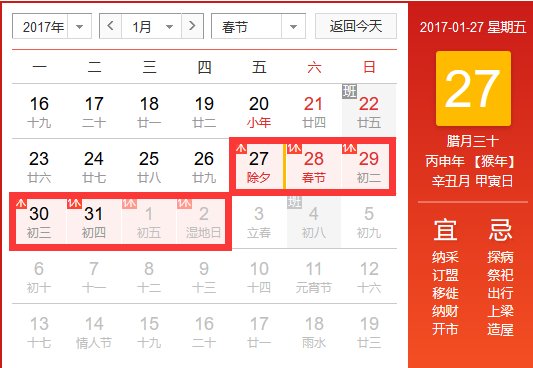 2017年春节法定节假日有几天