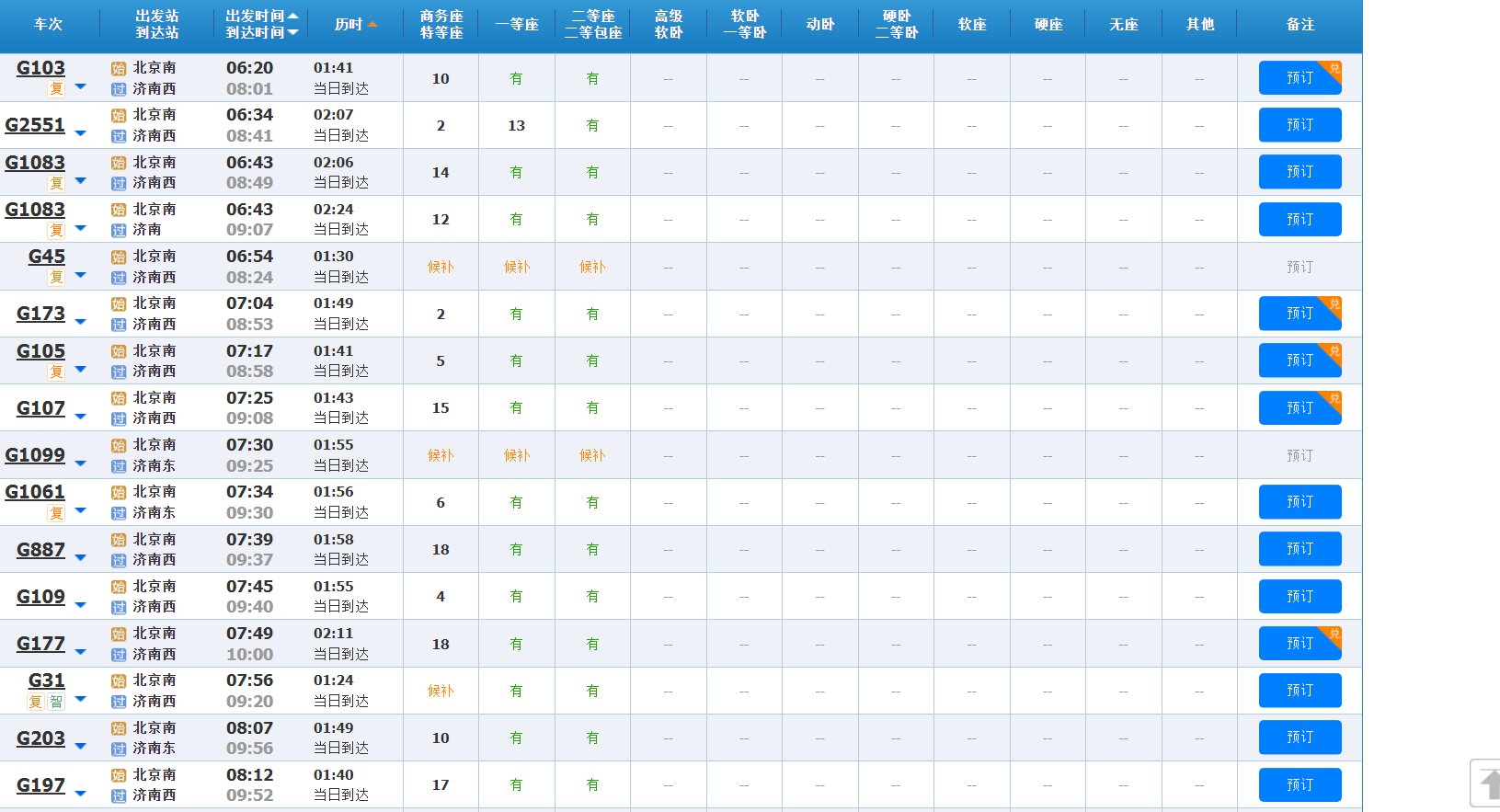 丰台火车站到济南的高铁时刻表查询?