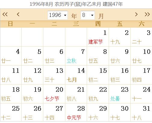 1996年日历
