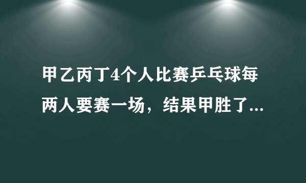 甲乙丙丁4个人比赛乒乓球每两人要赛一场，结果甲胜了丁并且甲乙丙三人胜的场数相同，问丁胜了几场？