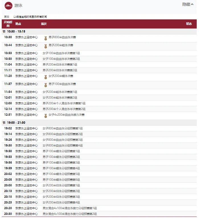 2021东京奥运会7月29日比赛详细赛程