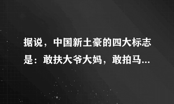 据说，中国新土豪的四大标志是：敢扶大爷大妈，敢拍马云涂鸦，敢吃新疆切糕