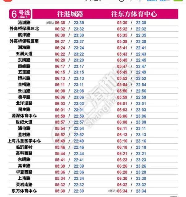 上海地铁6号线首末车时间