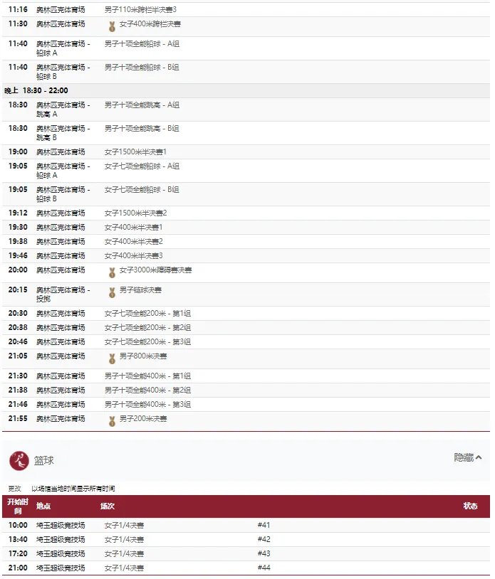 2021东京奥运会8月4日比赛详细赛程