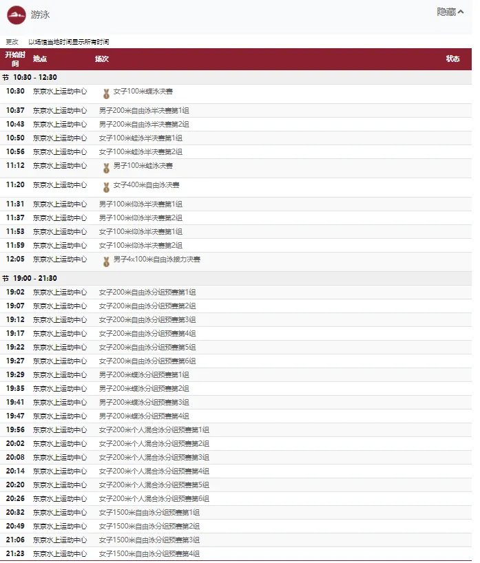 2021东京奥运会7月26日比赛详细赛程