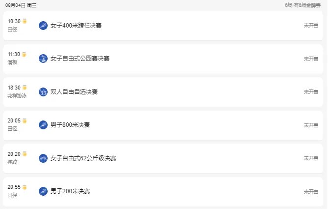 2021东京奥运会8月4日比赛详细赛程